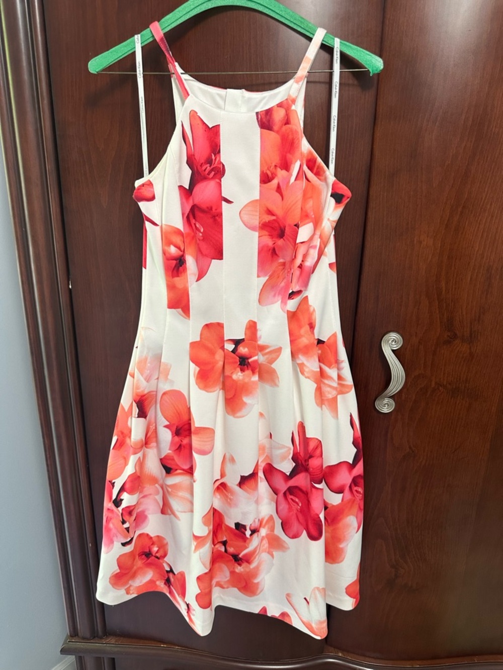 Calvin Klein White Dress with Coral and Red Floral Print